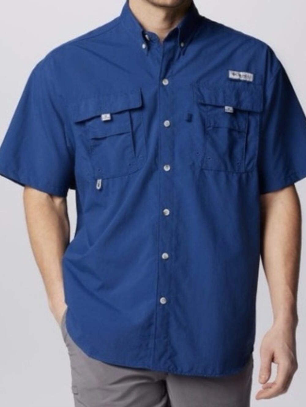 Columbia PFG Bahama II Fishing Button Down Shirt Omni Shield Short Sleeve Blue